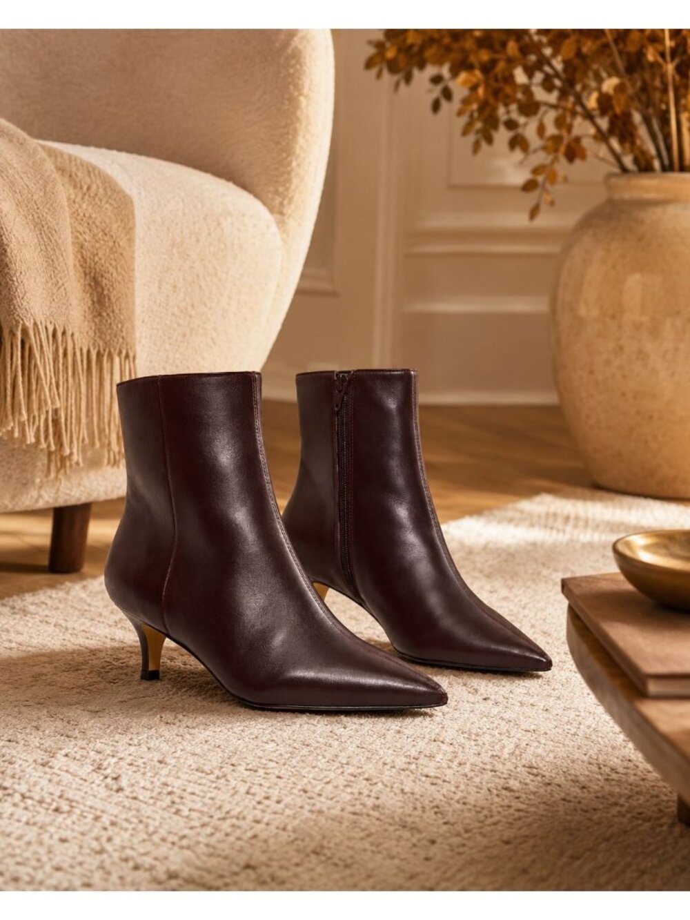 SD10 - Dune London Offer Dark Red Leather Pointed Toe Kitten Heel Ankle Boots Wo